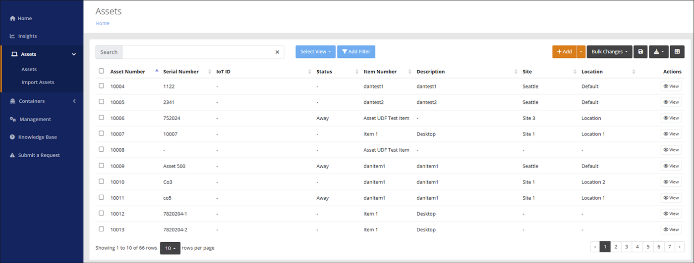 Assets page listing assets with Asset Number, Serial Number, Status, Item Number, Site, Location and View actions
