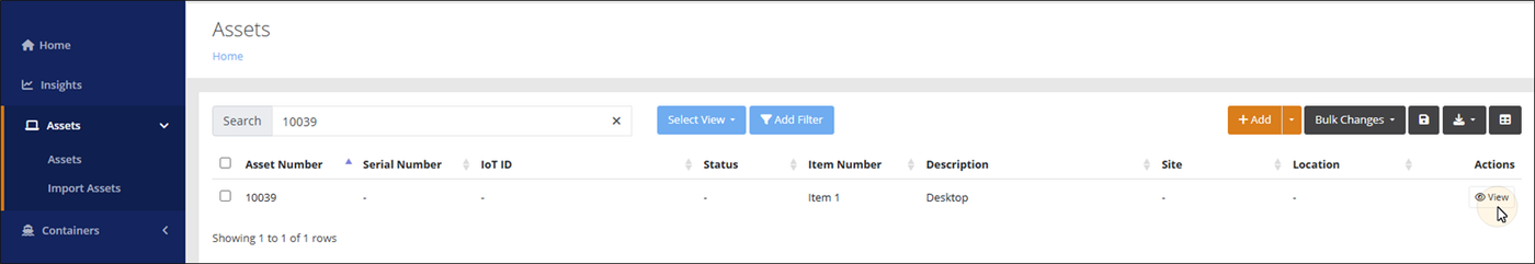 Assets page filtered by a search for one asset number, with the pointer on the View button in the Actions column