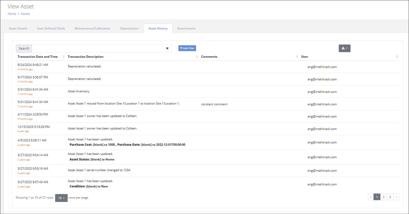 View Asset page, Asset History tab, listing transactions with Transaction Date and Time, Transaction Description, Comments and User columns