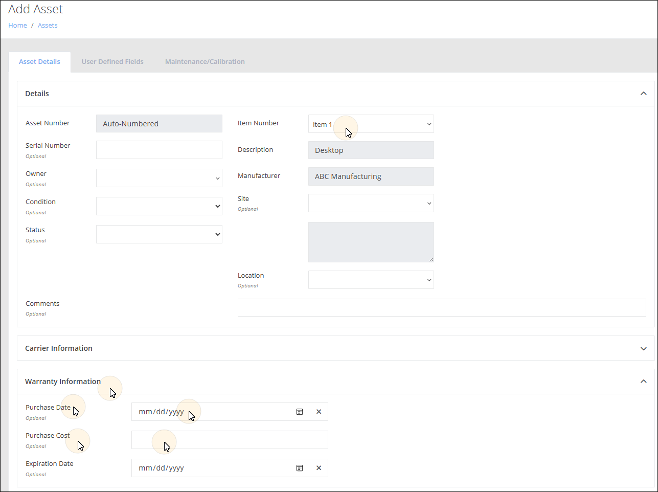 Add Asset page with an Item Number selected and the Warranty Information section's Purchase Date and Purchase Cost fields highlighted