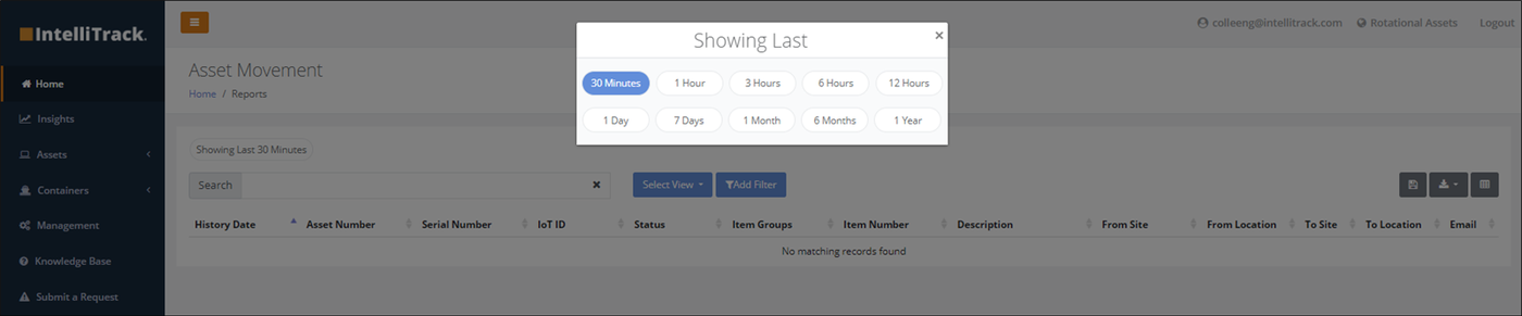 Showing Last popup over the Asset Movement report, with time frame options from 30 Minutes to 1 Year and 30 Minutes selected