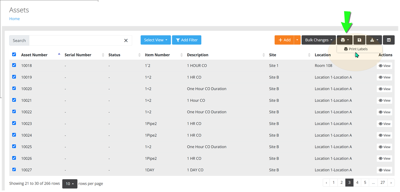 Assets page with all rows selected and the Print button menu open, an arrow pointing to the Print Labels option