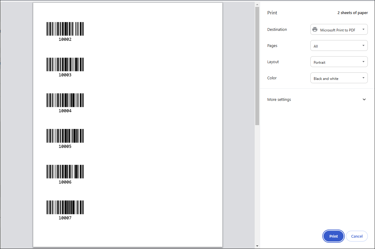 Print window with a preview of barcode asset labels and the Destination, Pages, Layout and Color settings beside the Print button