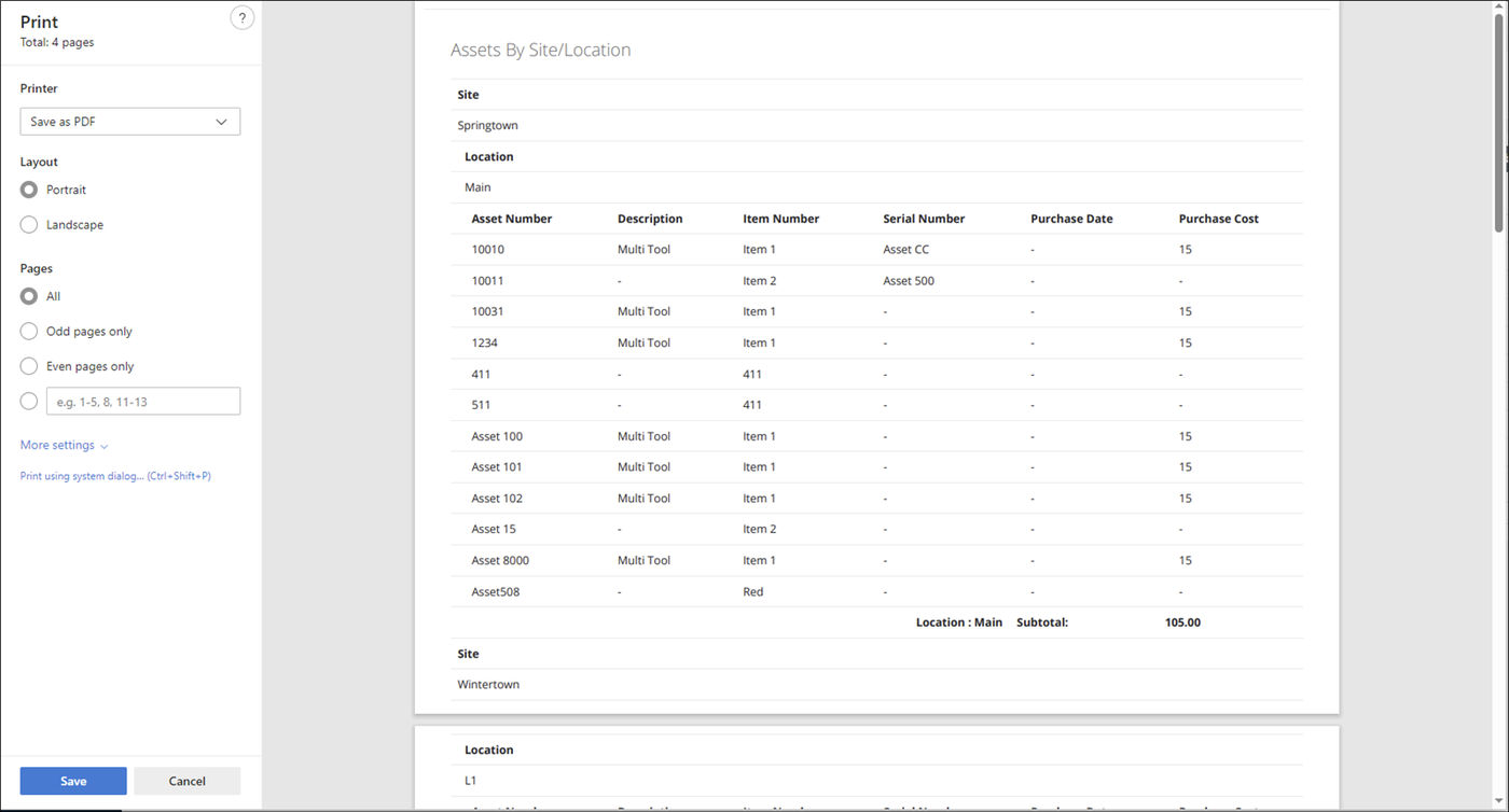 Print preview of the Assets By Site/Location report grouped by site and location with purchase costs and a location subtotal