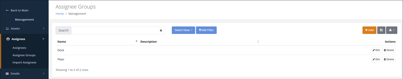 Assignee Groups page listing the Dock and Floor groups with Edit and Delete actions and the Add button
