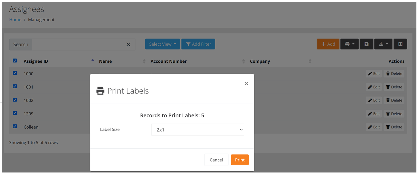 Print Labels popup over the Assignees page showing Records to Print Labels: 5, the Label Size field and the Print button