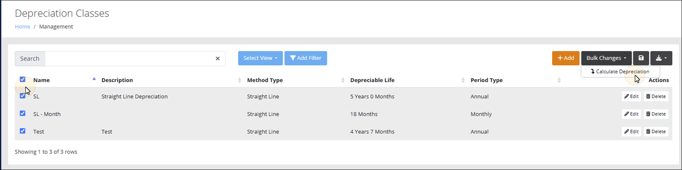 Depreciation Classes page with all classes selected and the Bulk Changes menu open to the Calculate Depreciation option