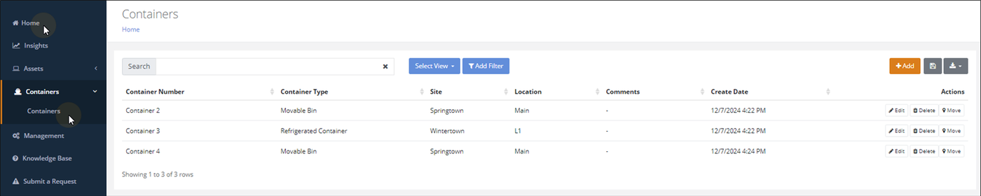 Containers page reached from the Containers menu, listing containers with Container Number, Container Type, Site, Location and Edit, Delete and Move actions