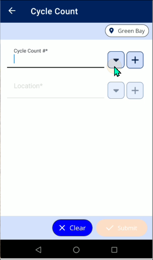 Cycle Count screen in IntelliTrack Mobile with the pointer on the down arrow beside the Cycle Count # field