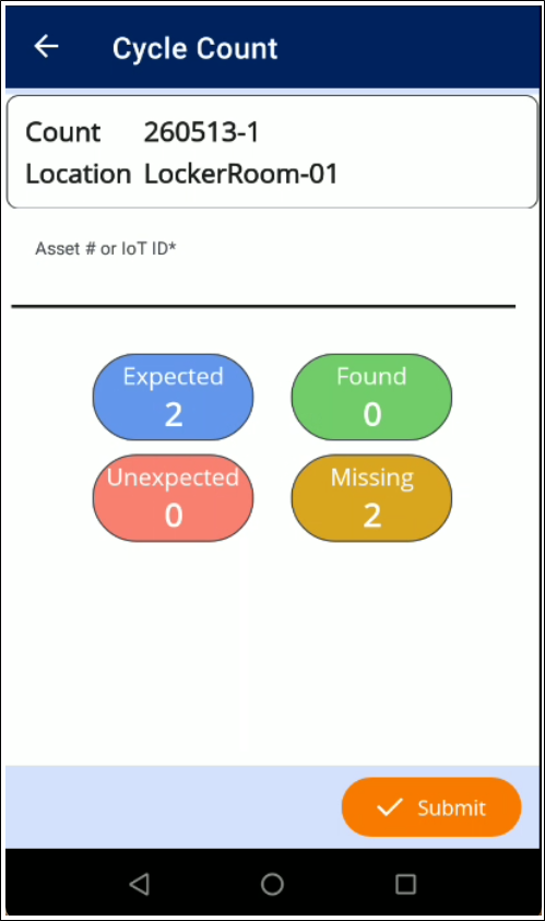 Cycle Count screen in IntelliTrack Mobile with the Asset # or IoT ID field and Expected, Found, Unexpected and Missing totals