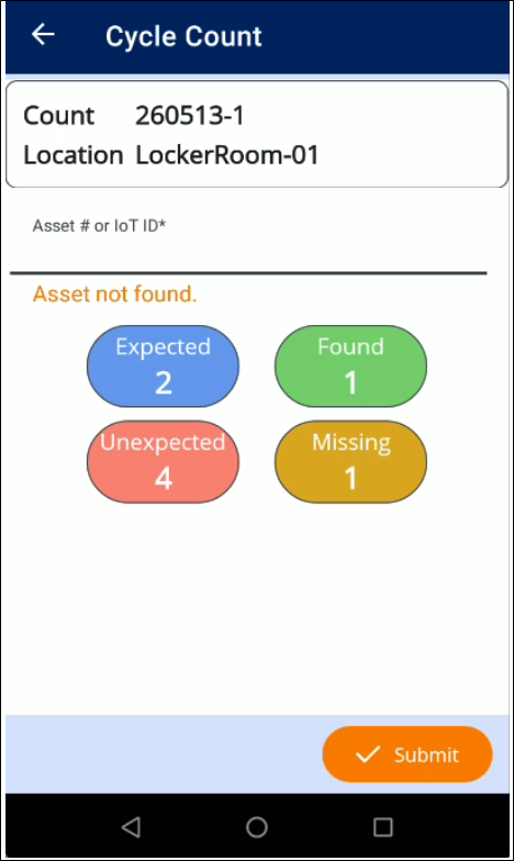 Cycle Count screen in IntelliTrack Mobile showing Expected, Found, Unexpected and Missing counts with the Submit button ready to press
