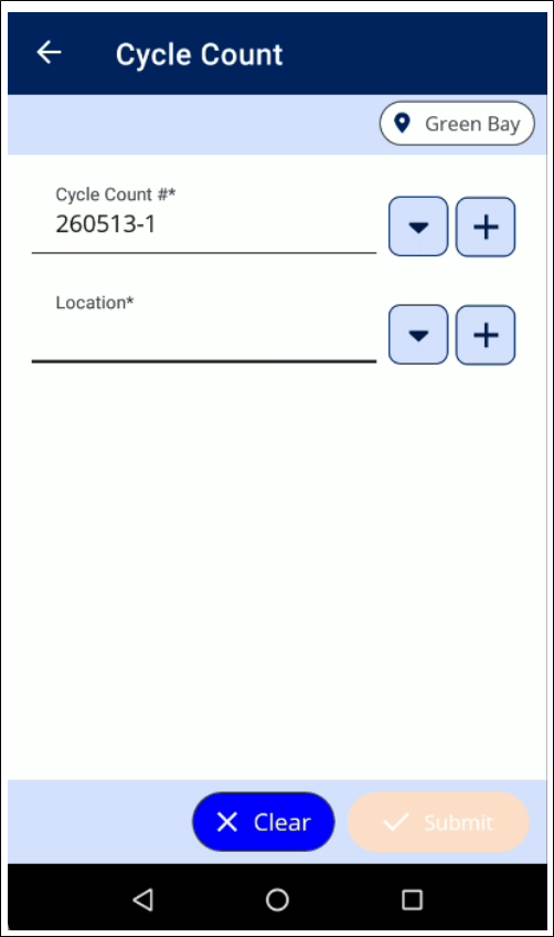 Cycle Count screen in IntelliTrack Mobile with the selected count number in the Cycle Count # field and an empty Location field
