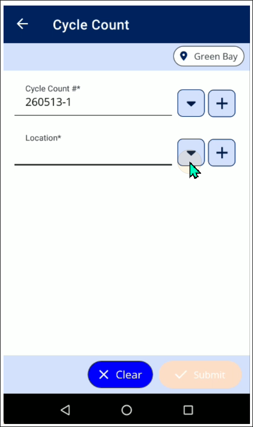 Cycle Count screen in IntelliTrack Mobile with a cycle count number entered and the Location field down arrow selected