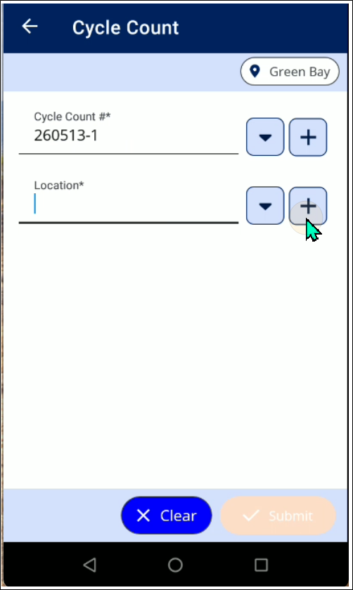 Cycle Count screen in IntelliTrack Mobile with the Add button next to the Location field selected