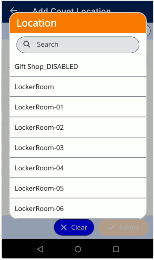 Location popup in IntelliTrack Mobile over the Add Count Location screen, with a Search field and a list of locations