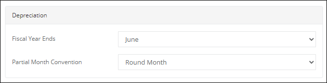 Depreciation section of the tenant settings with the Fiscal Year Ends and Partial Month Convention drop-downs