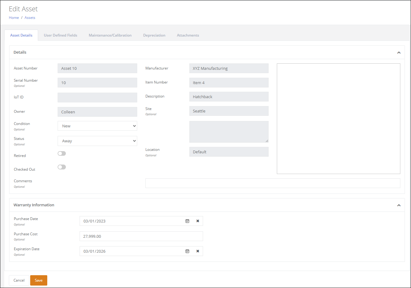 Edit Asset page with the Details section, the Warranty Information section showing Purchase Date, Purchase Cost and Expiration Date, and the Save button