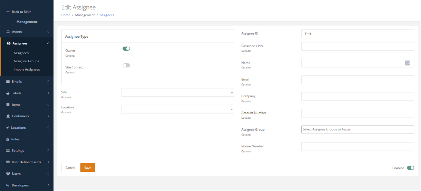 Edit Assignee page with Assignee Type toggles, Site and Location, and Assignee ID, Name, Email and Phone Number fields