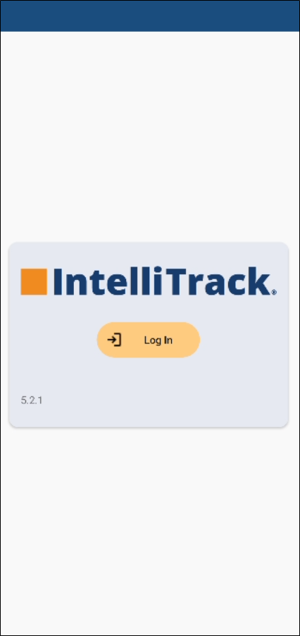 IntelliTrack Mobile start screen with the IntelliTrack logo, the Log In button and the app version number