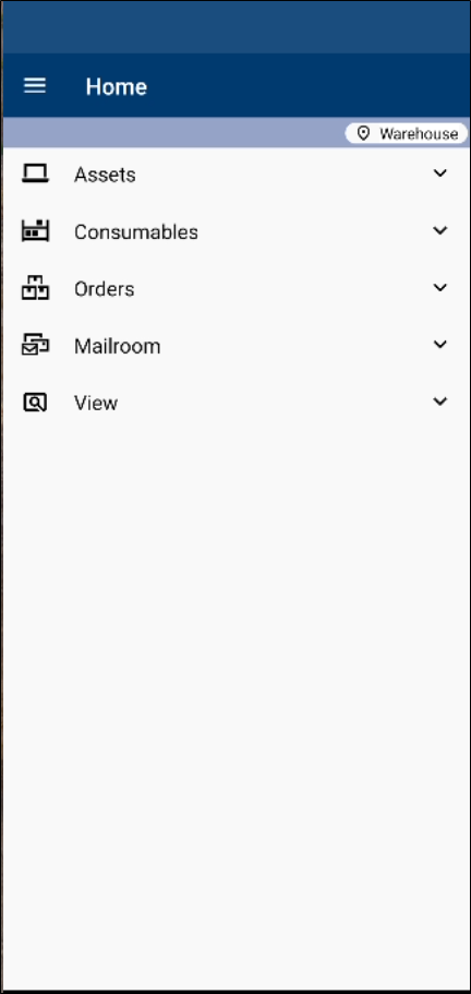 Home screen in IntelliTrack Mobile with the Assets, Consumables, Orders, Mailroom and View menus and the Warehouse site button