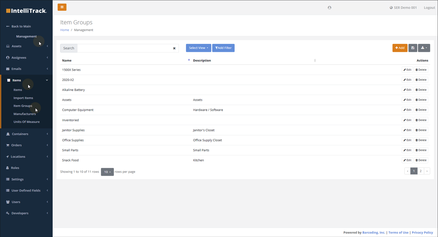 Item Groups page opened from Items > Item Groups in the Management menu, listing item group names and descriptions