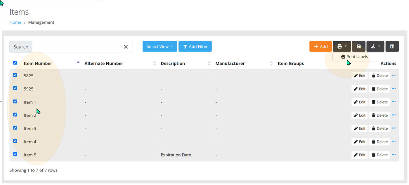 Items page with all records checked and the print button menu open to the Print Labels option