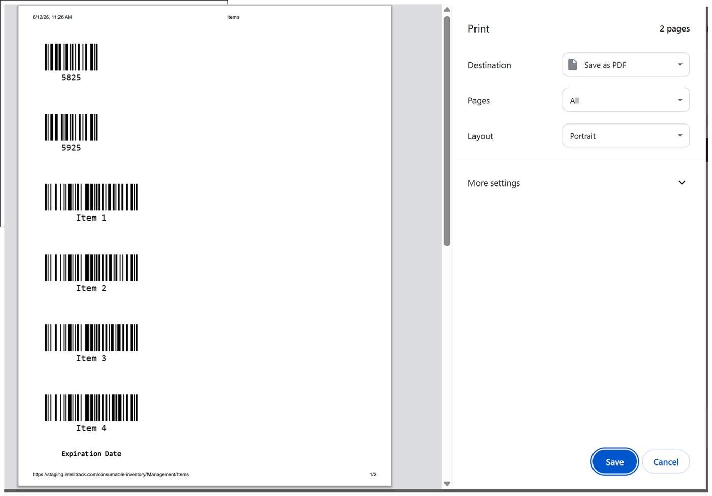 Print window with a preview of barcode item labels, the Destination, Pages and Layout settings, and the Save button
