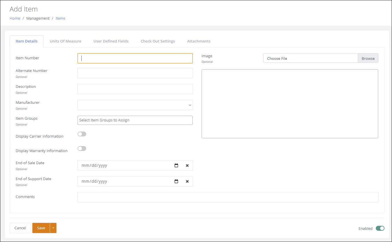Add Item page, Item Details tab, with the Item Number, Manufacturer, Item Groups and display toggle fields