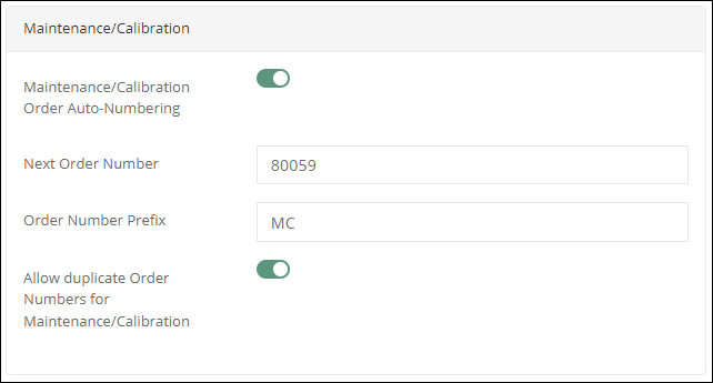 Maintenance/Calibration tenant settings with Order Auto-Numbering enabled, the Next Order Number, the Order Number Prefix MC and the allow duplicates toggle
