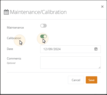 Maintenance/Calibration popup with the Calibration toggle turned on, a Date field, an optional Comments box and the Save button