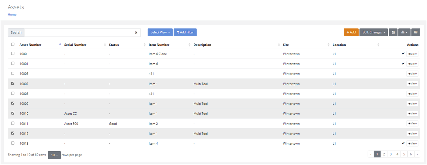 Assets page with four asset rows selected by their check boxes