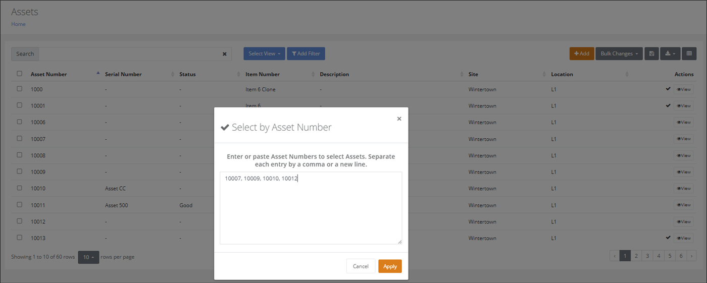 Select by Asset Number popup over the Assets page, with comma-separated asset numbers entered and the Apply button