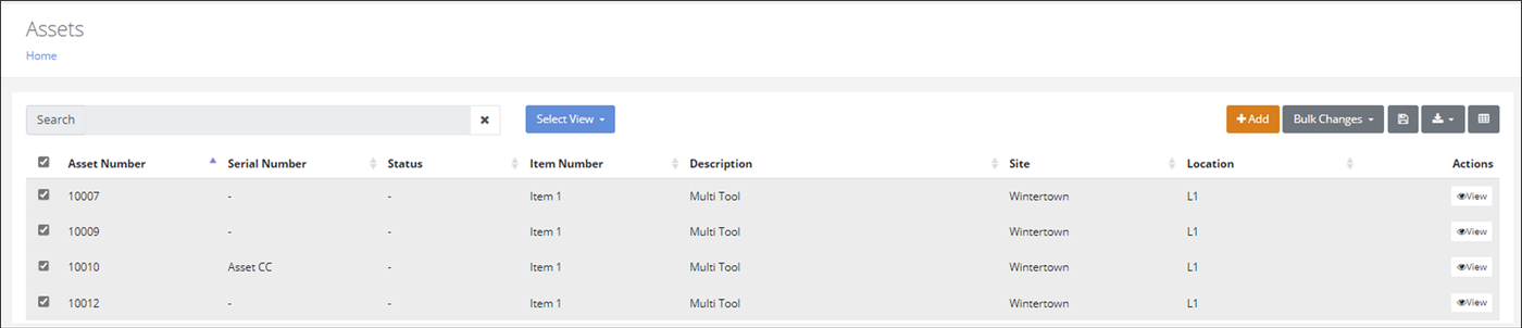 Assets page showing only the four assets selected by the Select By options, all check boxes marked