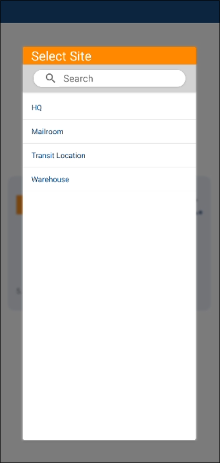 Select Site popup in IntelliTrack Mobile with a Search box and a list of sites: HQ, Mailroom, Transit Location and Warehouse