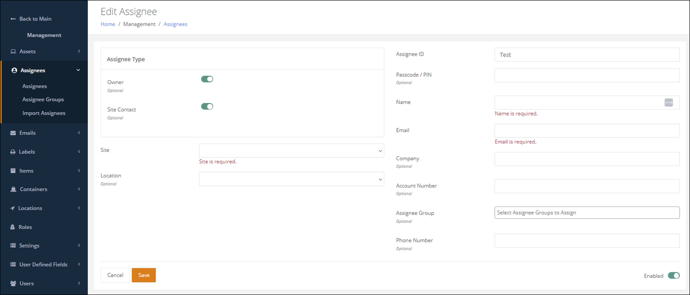 Edit Assignee page with the Owner and Site Contact toggles enabled and required-field messages under Site, Name and Email
