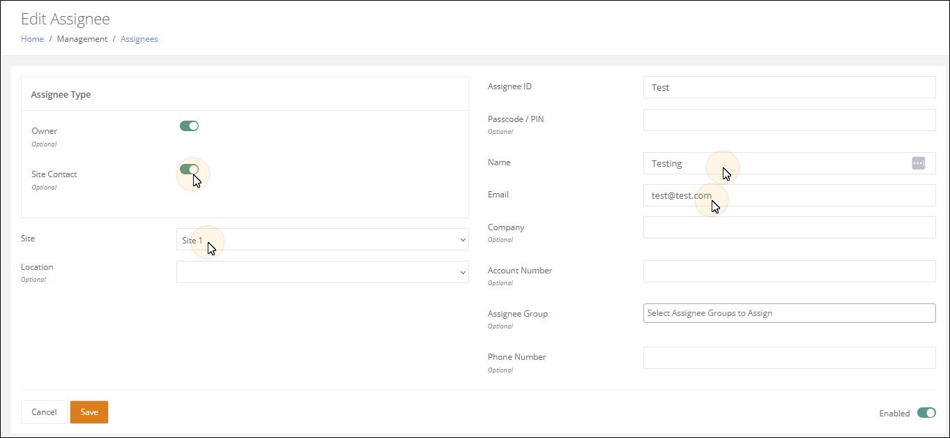 Edit Assignee page with the Owner and Site Contact toggles enabled and the Site, Name and Email fields highlighted