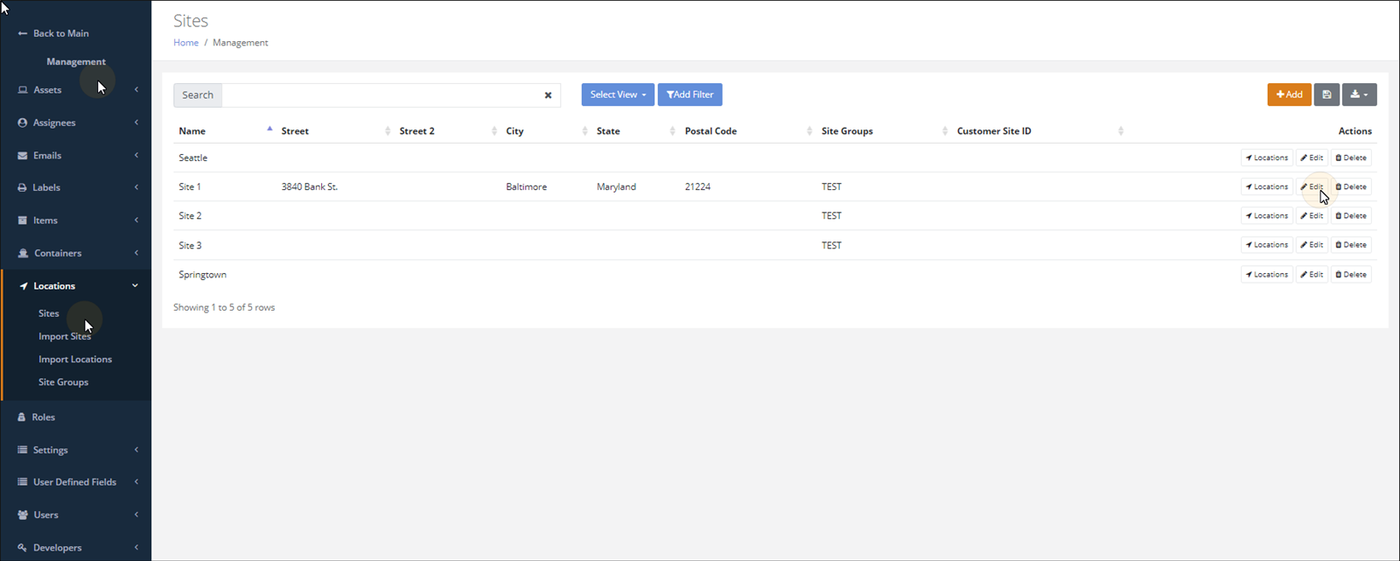 Sites page opened from Management > Locations > Sites, with the pointer on the Edit button for Site 1