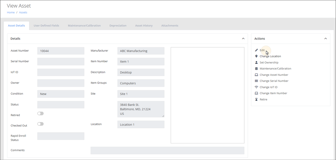 View Asset page on the Asset Details tab with the pointer on the Edit option in the Actions pane