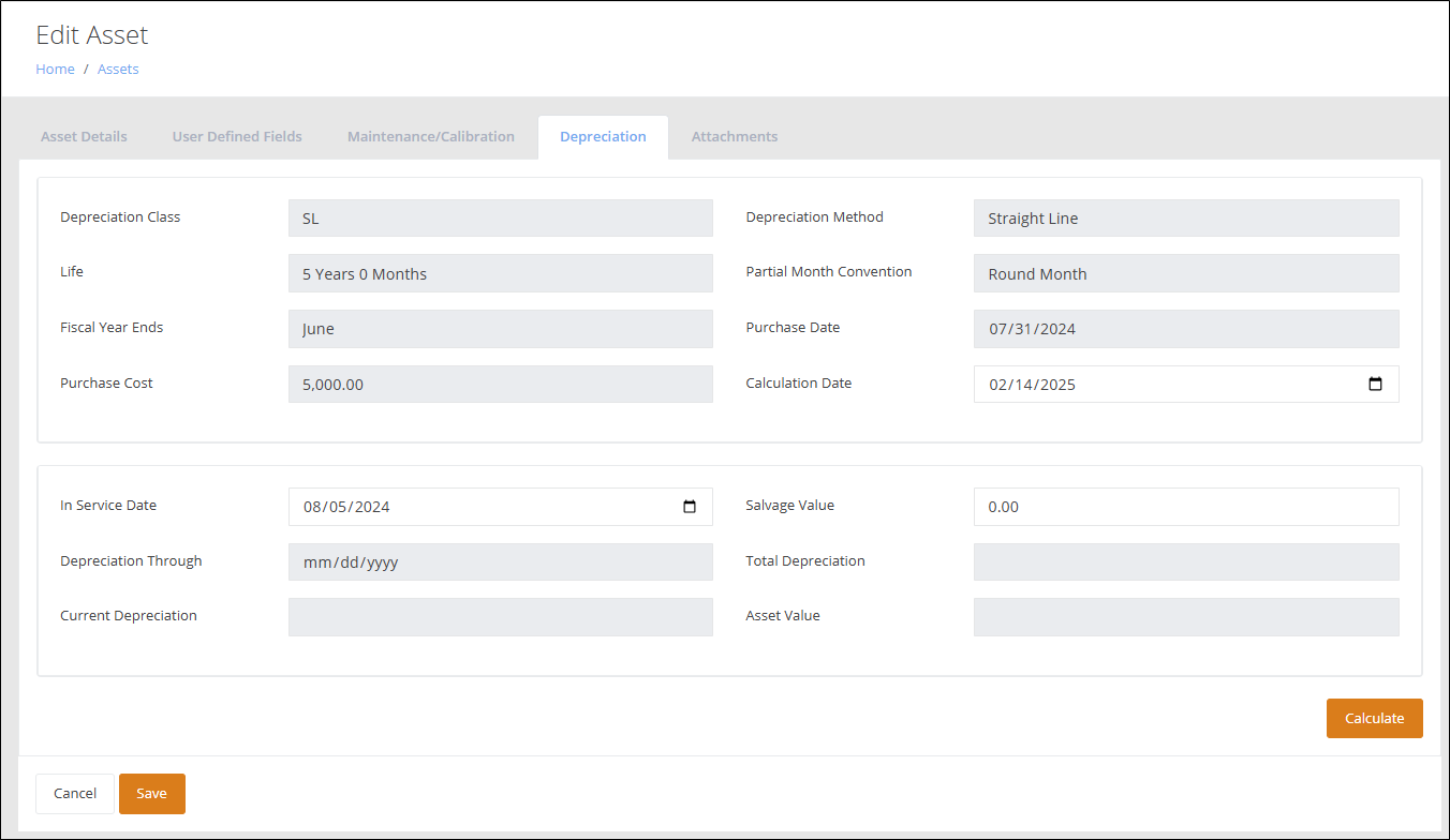 Edit Asset page, Depreciation tab, with Purchase Cost, Purchase Date, Calculation Date and In Service Date filled in and the Calculate button