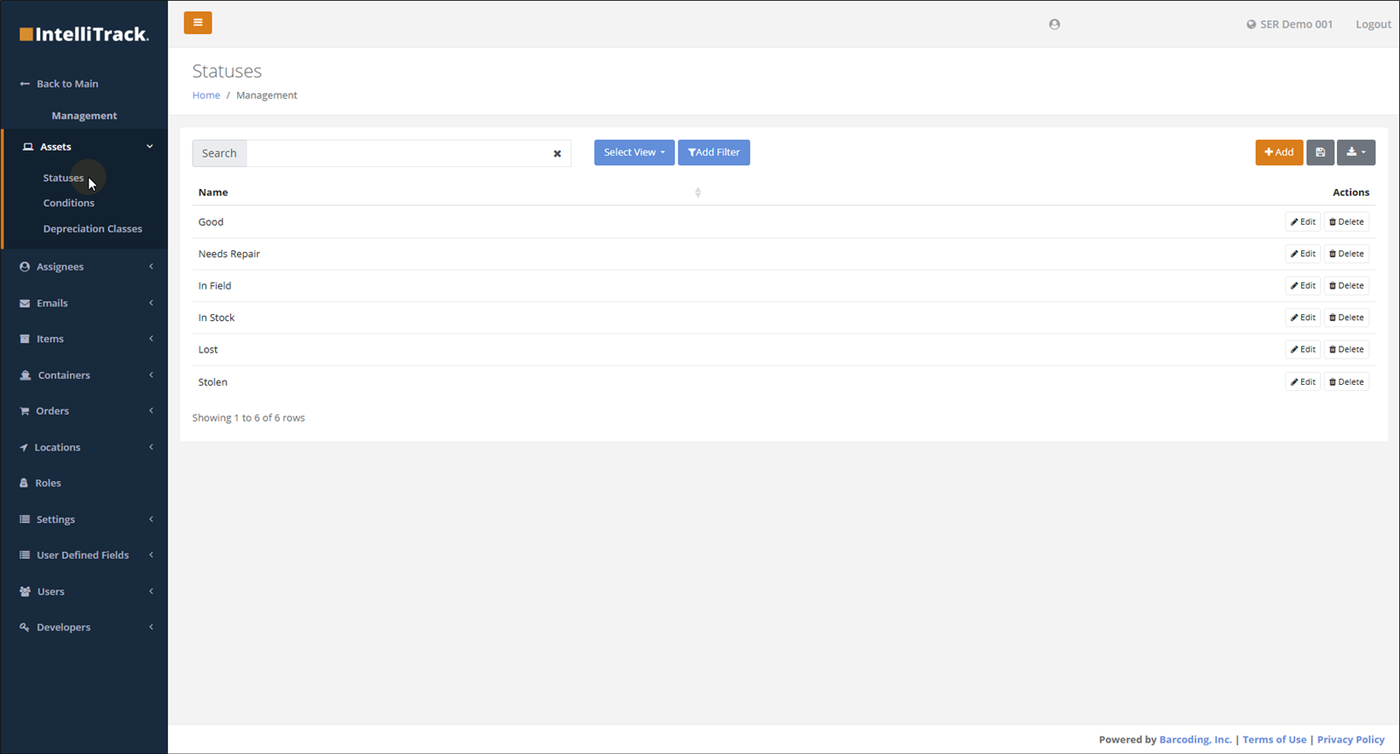 Statuses page reached from Management > Assets > Statuses, listing asset statuses such as Good, Needs Repair and Lost