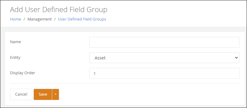 Add User Defined Field Group page with the Name field, Entity set to Asset and Display Order set to 1