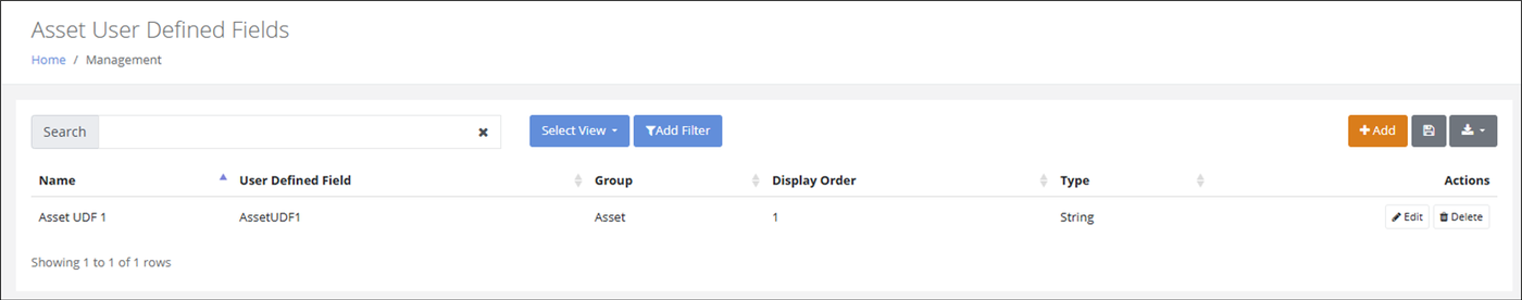 Asset User Defined Fields page listing one field by Name, User Defined Field, Group, Display Order and Type, with the Add button