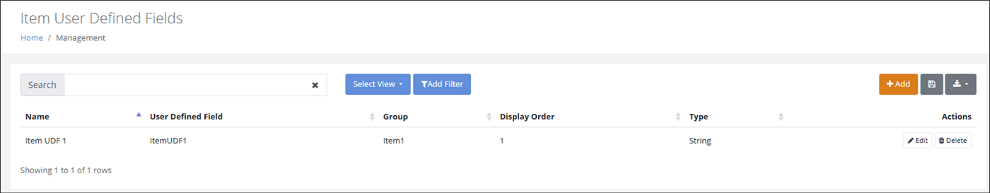 Item User Defined Fields page listing a field with its Name, User Defined Field, Group, Display Order and Type