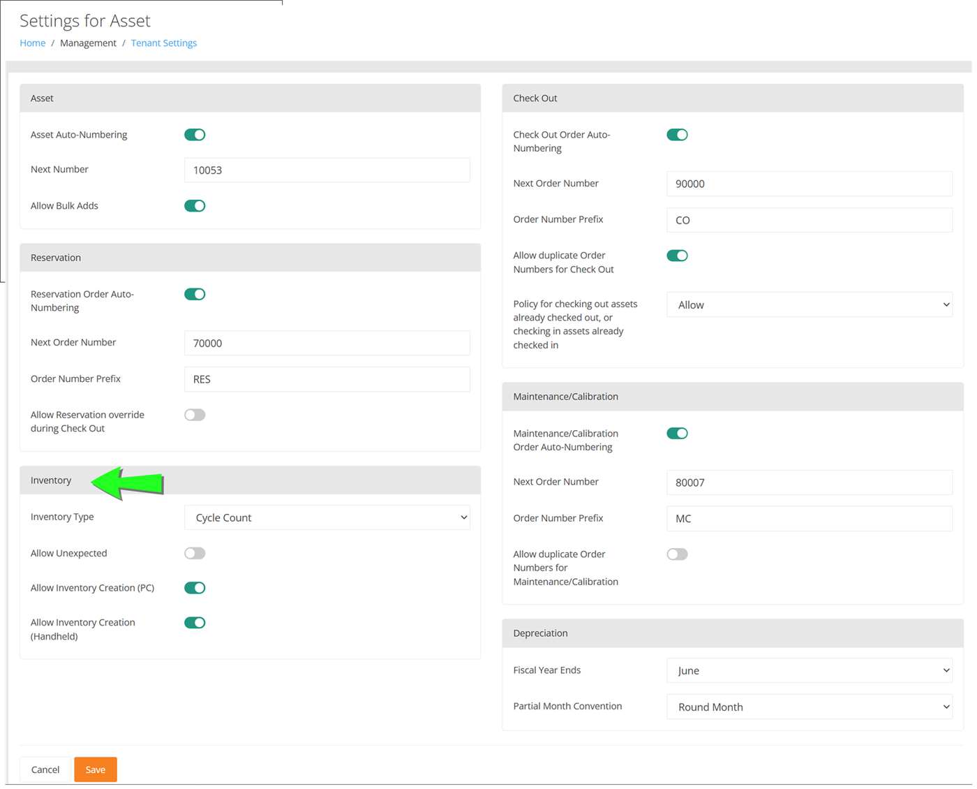Settings for Asset page with an arrow pointing to the Inventory section, showing Inventory Type set to Cycle Count and the Allow Unexpected and Allow Inventory Creation toggles
