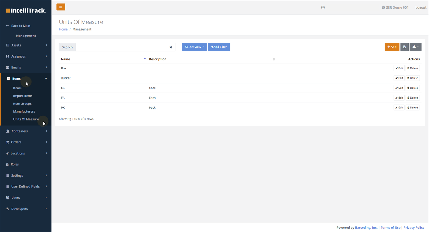 Units Of Measure page reached from Items > Units Of Measure in the Management menu, listing units with Edit and Delete buttons