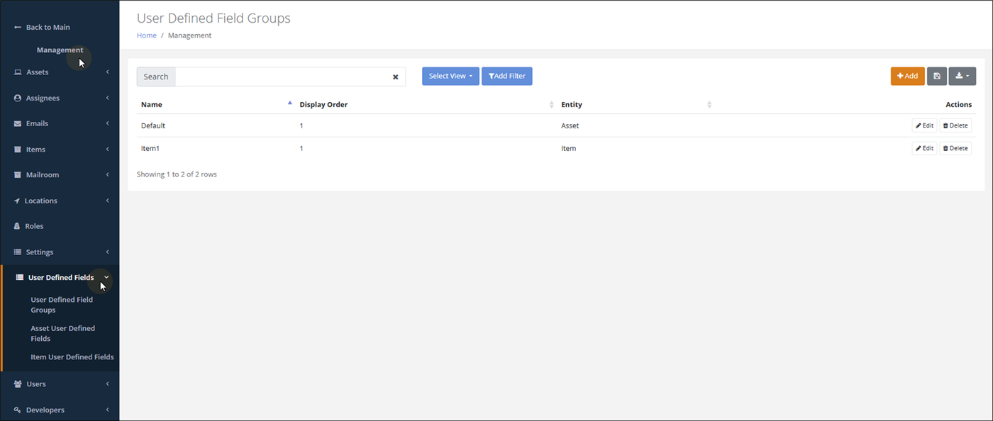 User Defined Field Groups page with the User Defined Fields menu expanded to User Defined Field Groups, Asset User Defined Fields and Item User Defined Fields