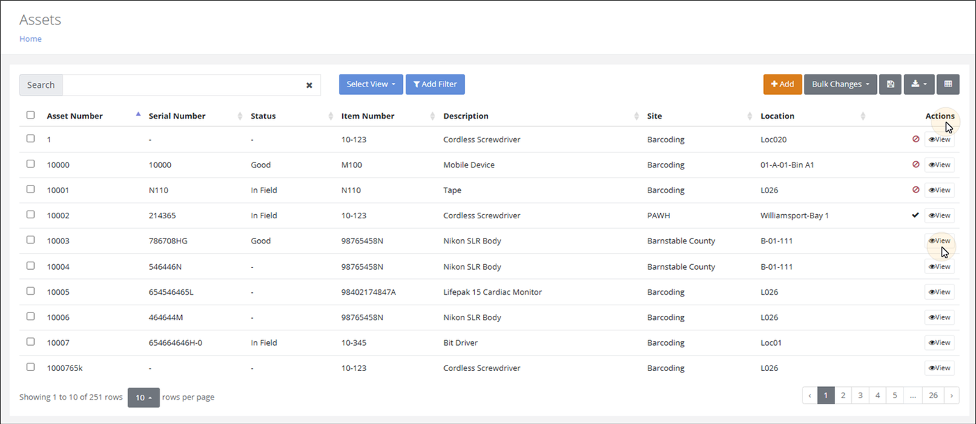 Assets page listing asset records, with the cursor on a View button in the Actions column