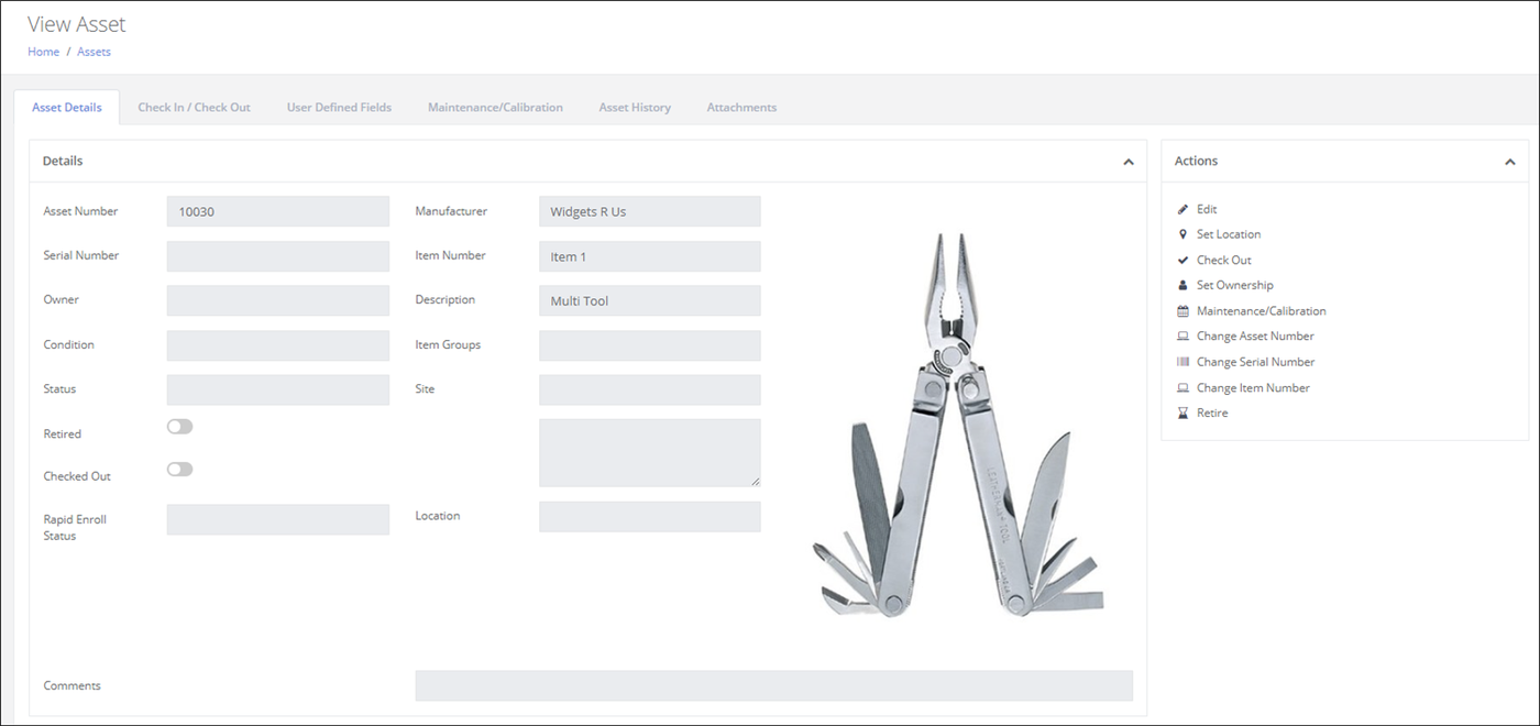 View Asset page on the Asset Details tab showing the Details fields, an item image and the Actions pane with Edit, Set Location, Check Out and Retire