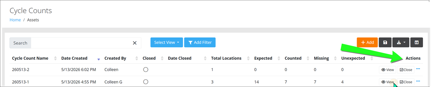 Cycle Counts page with an arrow pointing to the Actions column and the cursor on a View button