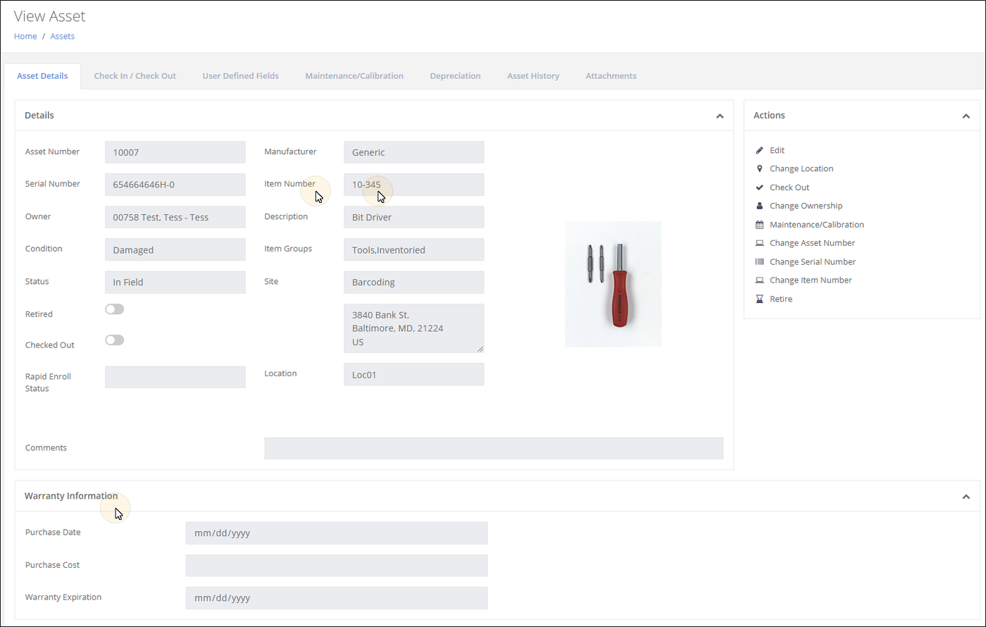 View Asset page, Asset Details tab, with the Warranty Information section showing Purchase Date, Purchase Cost and Warranty Expiration fields